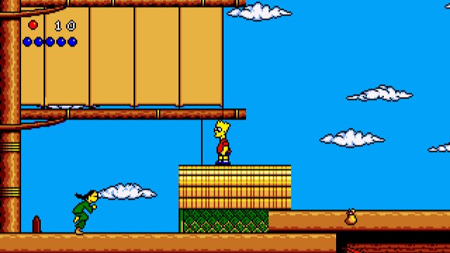 Bart Simpson on a Chinese ship near the mast as a character approaches to drop bombs on him.